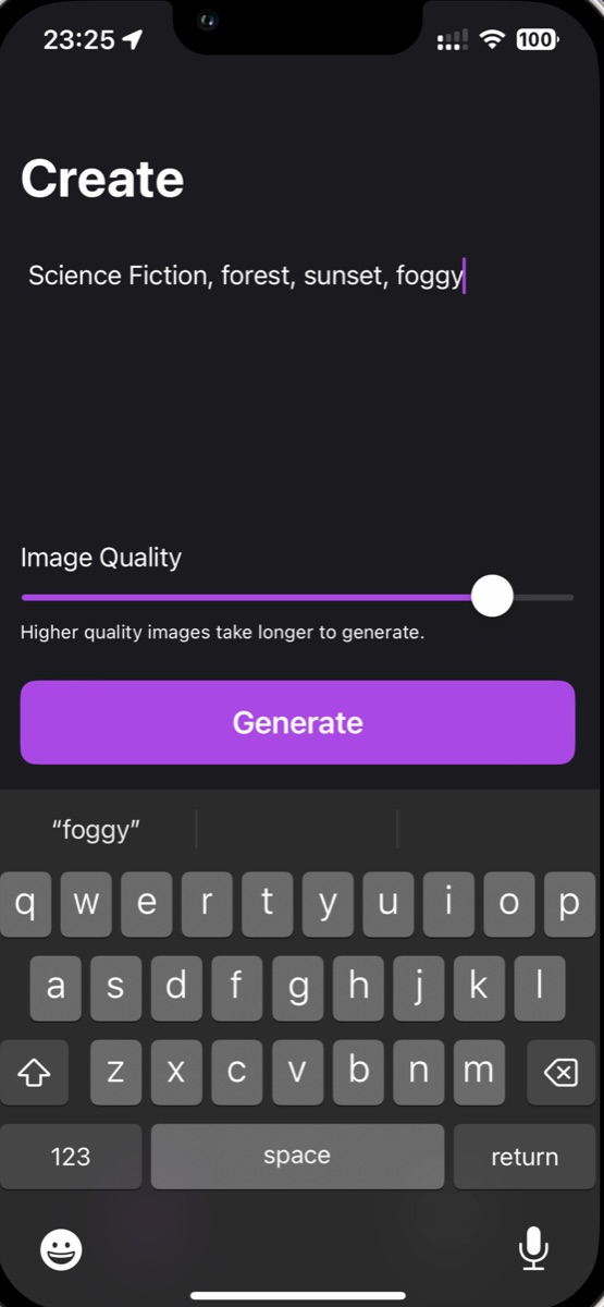The Create screen, with the prompt Science Fiction, forest, sunset, foggy and the Image Quality slider