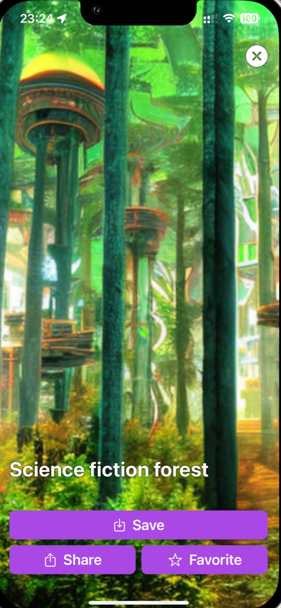 A science fiction forest wallpaper made by the app, with Save, Share and Favorite buttons