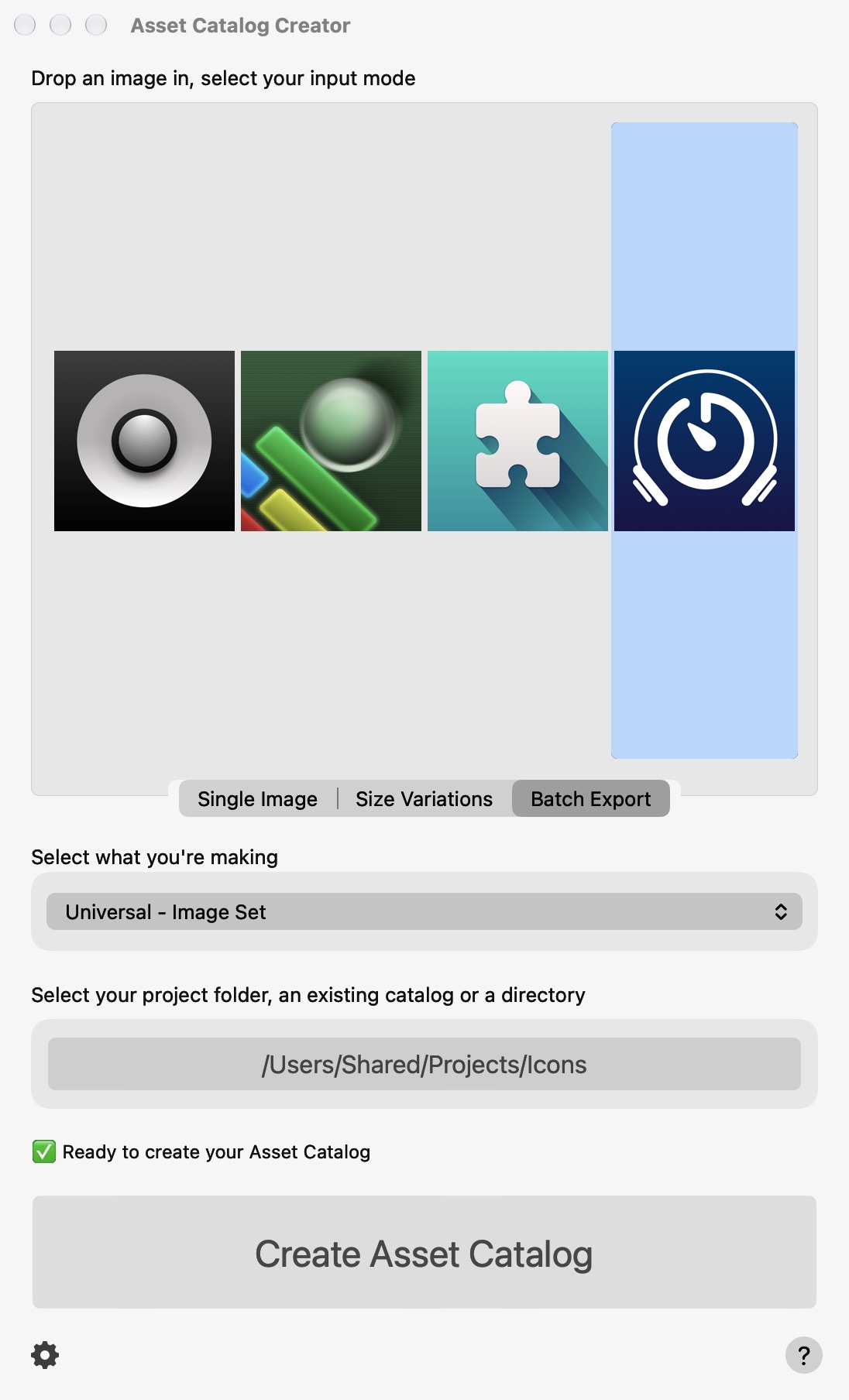 Asset Catalog Creator in light mode with four app icons in Batch Export mode, making Universal image sets
