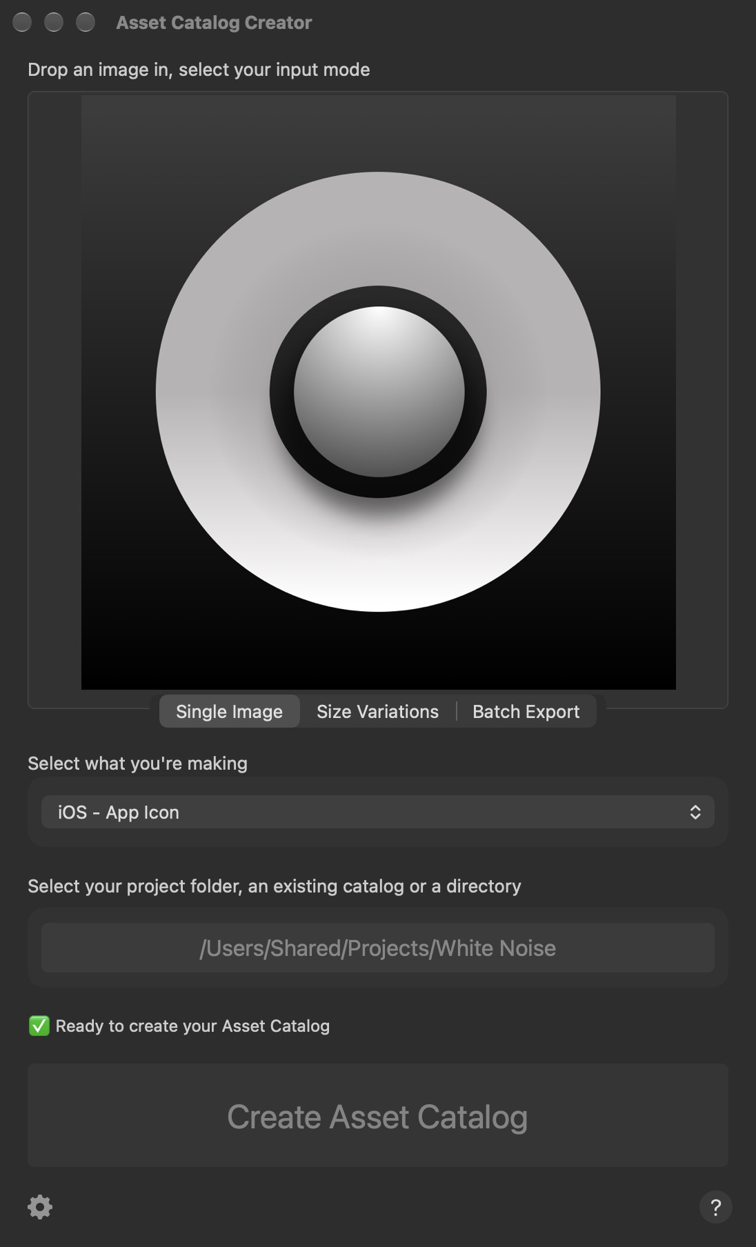 Asset Catalog Creator in dark mode, ready to make an iOS app icon from the White Noise icon