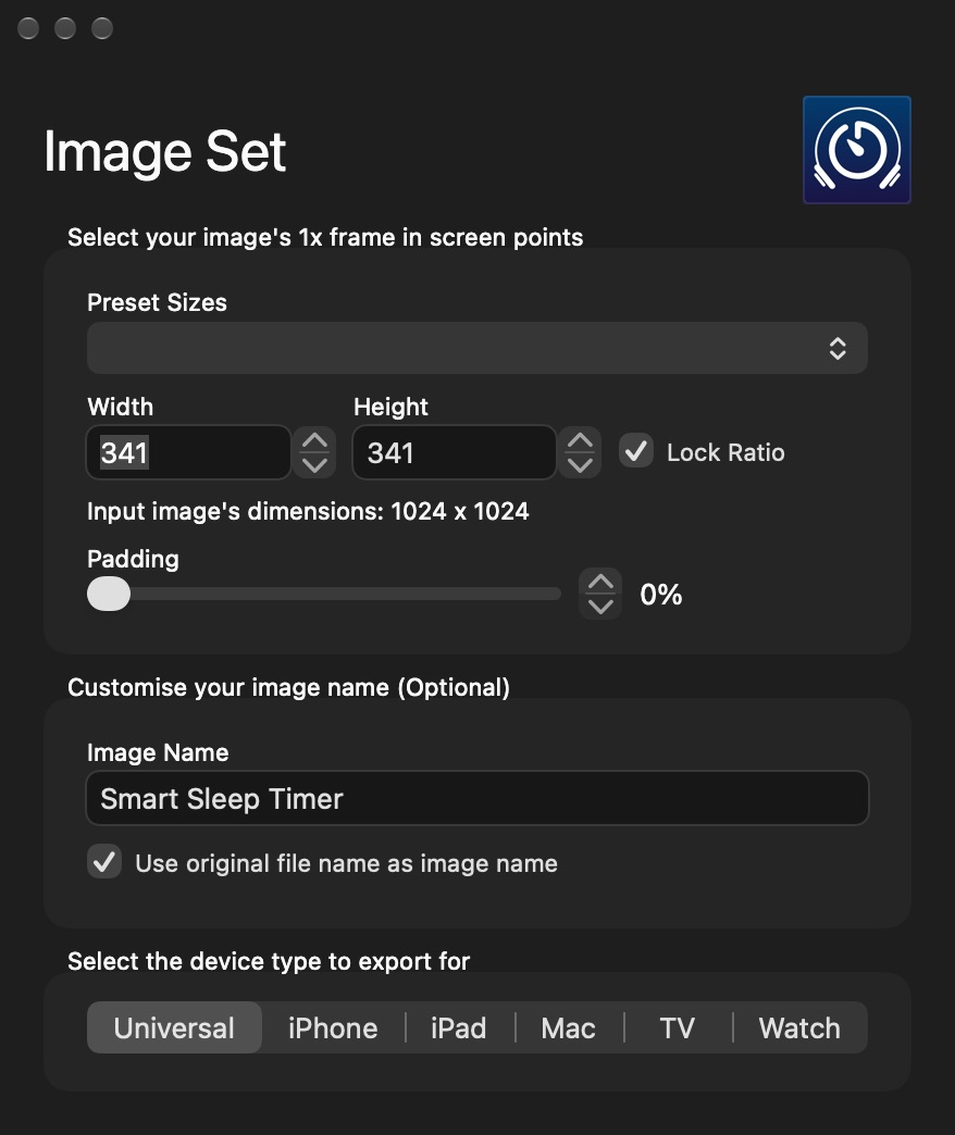 The Image Set options: preset sizes, a width and height in points with Lock Ratio, padding, the image name and the device type to export for