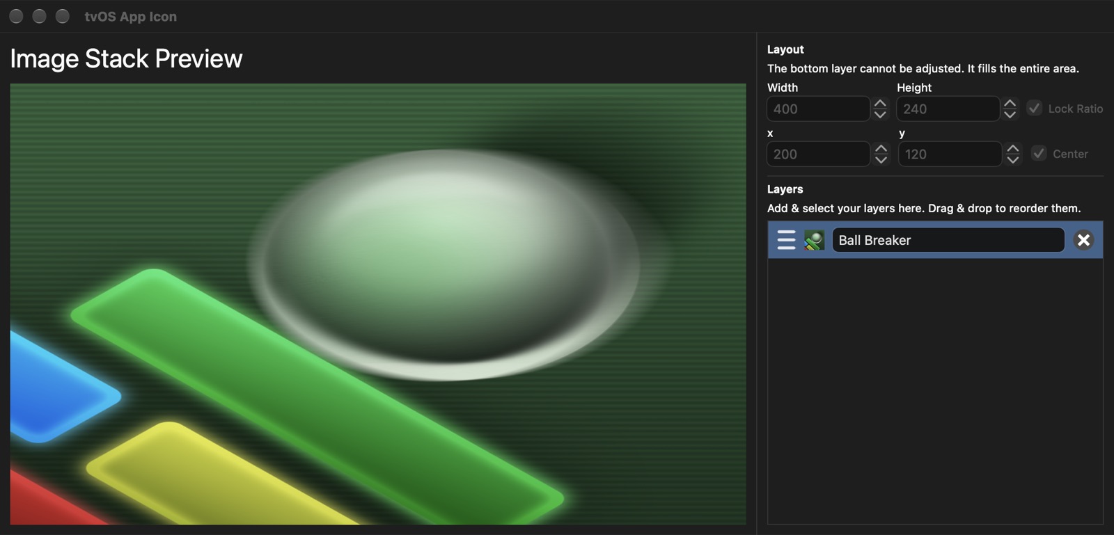 The tvOS App Icon editor, with an image stack preview on the left and the layout and layers on the right