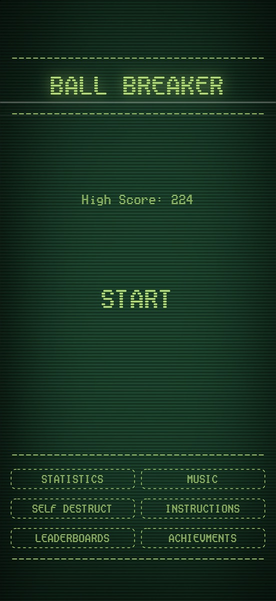 The main menu: BALL BREAKER, the high score, START, and buttons for statistics, music, instructions, leaderboards and achievements