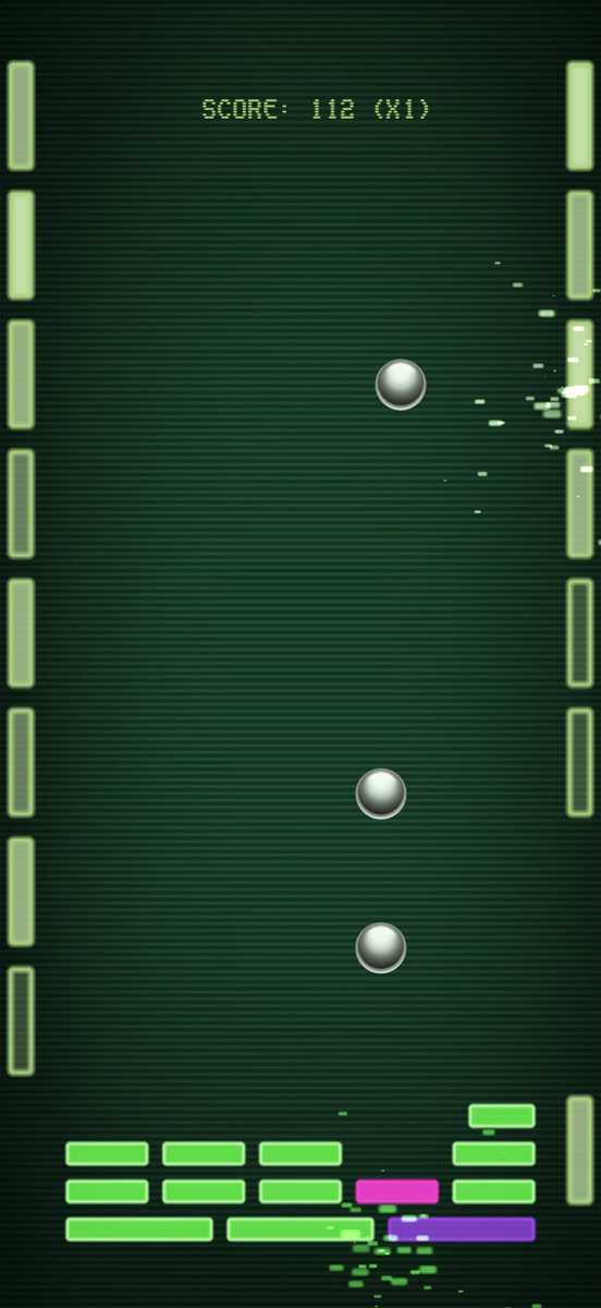 Three balls in play above rows of green blocks, with purple and pink special blocks and sparks flying
