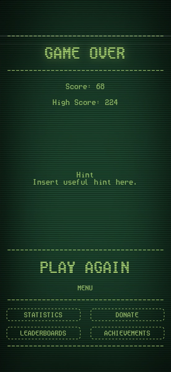 GAME OVER, with the score, high score and a hint that reads: Insert useful hint here.