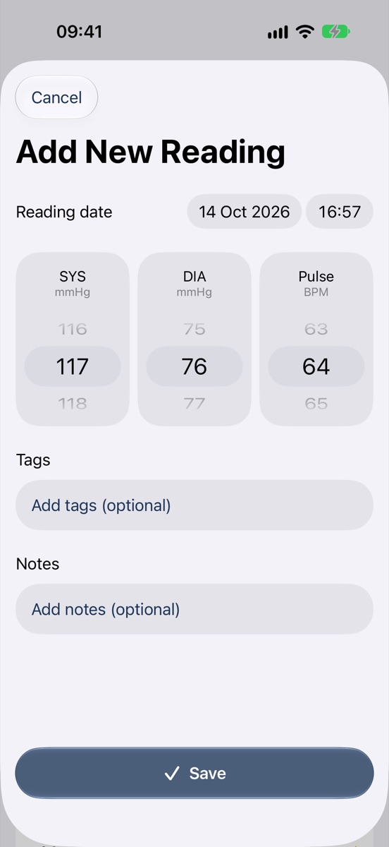 Add New Reading: the date and time, three scroll wheels for SYS, DIA and pulse, and optional tags and notes