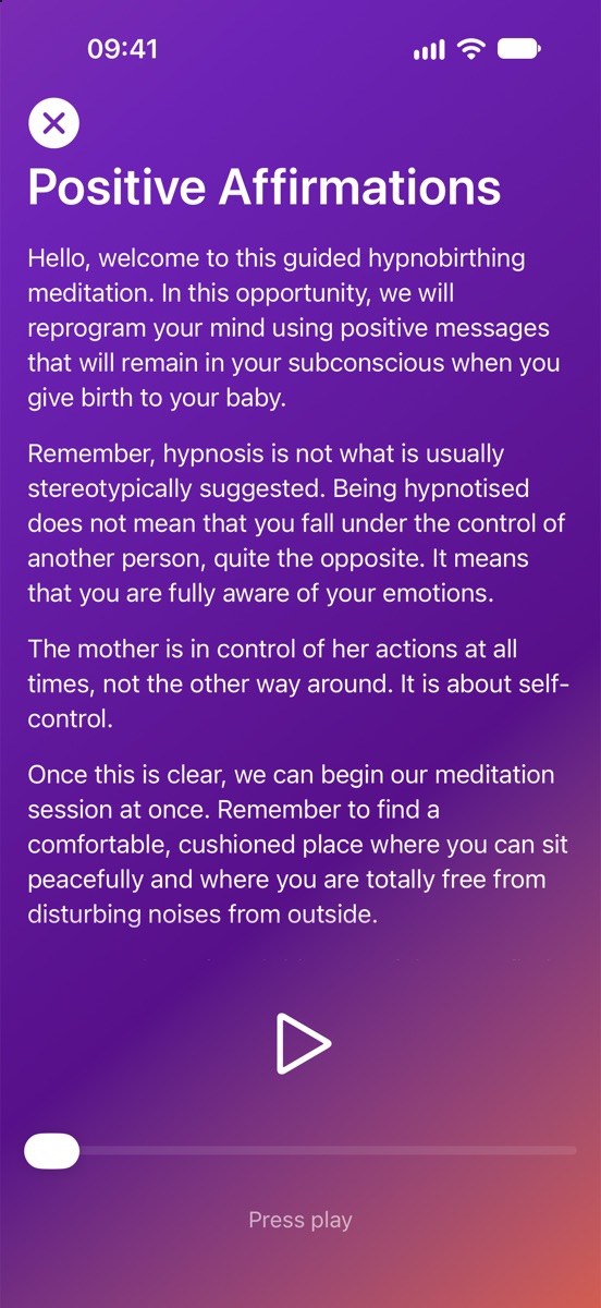 The Positive Affirmations meditation, with its script on screen above the play button