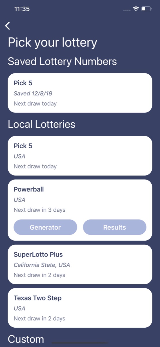 Pick your lottery: saved numbers for Pick 5, then local lotteries such as Powerball with Generator and Results buttons