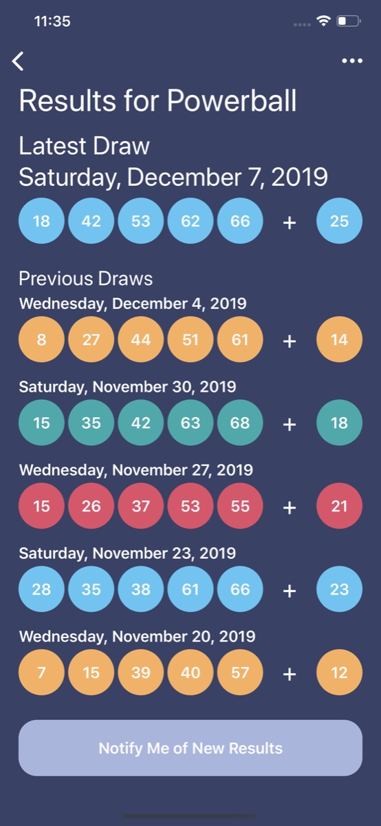 Results for Powerball: the latest draw and the previous draws, each a row of coloured balls with the Powerball after a plus sign