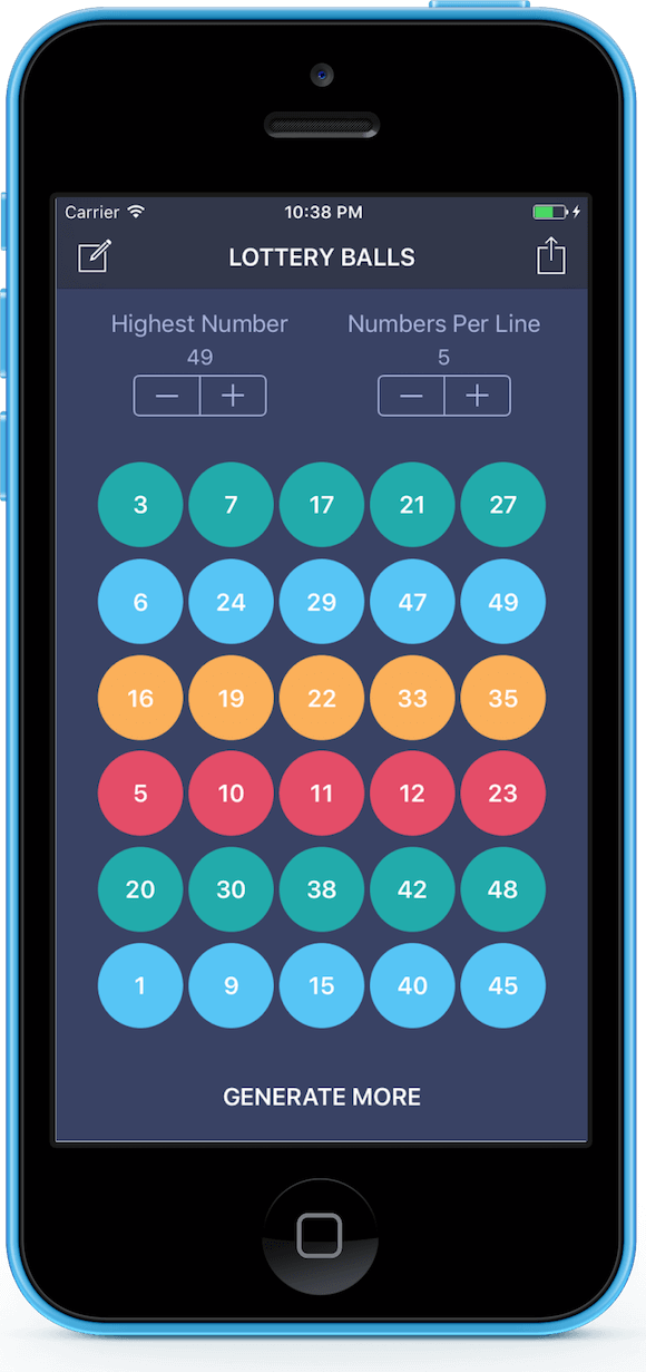 Lottery Balls iOS app running on an iPhone showing the numbers it's generated