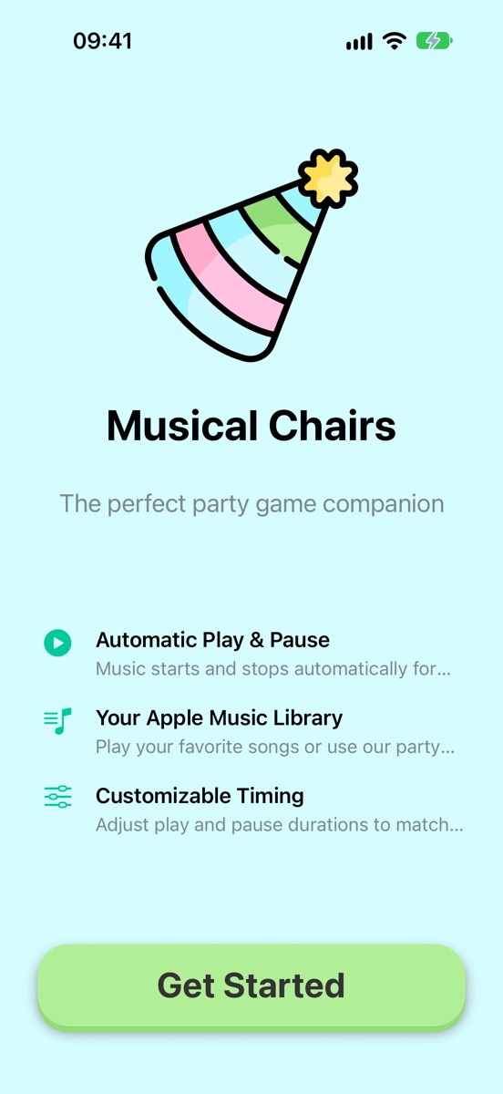 The welcome screen: automatic play and pause, your Apple Music library, and customisable timing