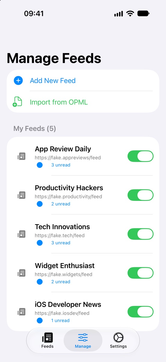 Gestionar feeds: añadir un feed nuevo, importar desde OPML y cinco feeds con sus artículos sin leer e interruptores para activarlos o desactivarlos