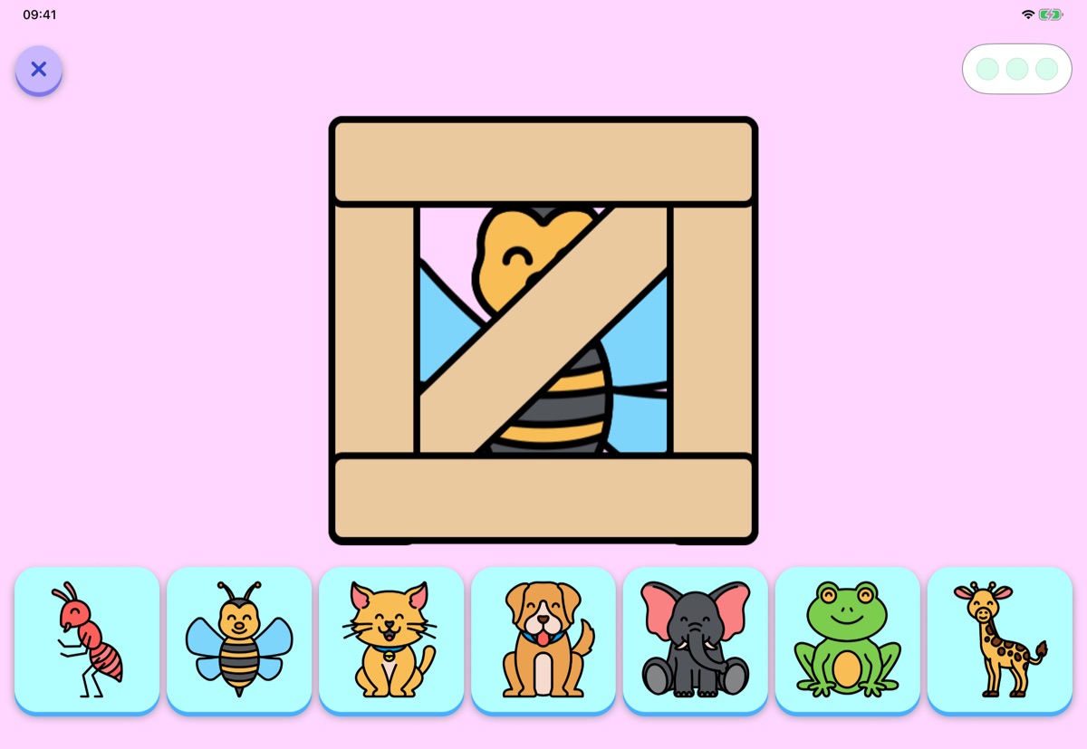 Who's in the Crate?: a bee peeks out of a crate with its planks gone, above the row of animal keys