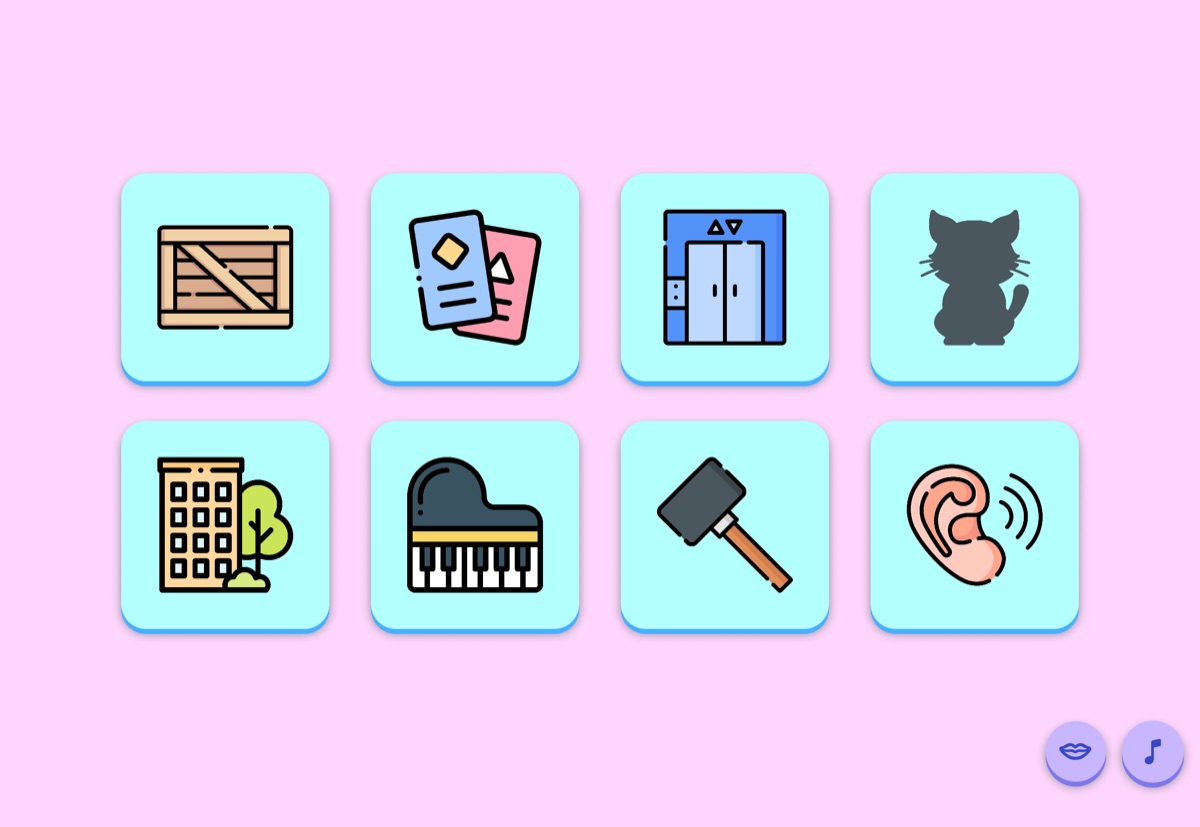 The menu: eight big picture buttons, one for each game, and buttons to turn the voice and music on or off
