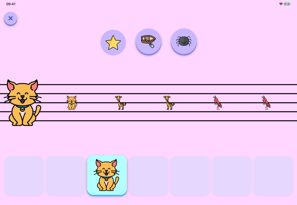Play Along: a cat waits at the start of a stave of animal notes, with the cat key lit below