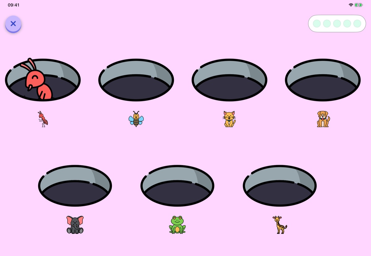 Whack a Note: an ant pops out of the first of seven holes, each labelled with its animal