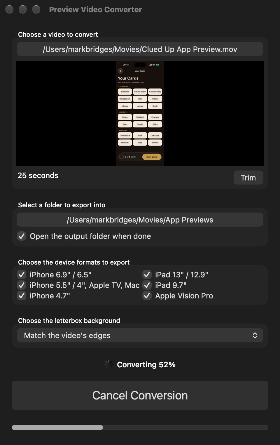 The same window while converting, at 43 percent, with a Cancel Conversion button and a progress bar