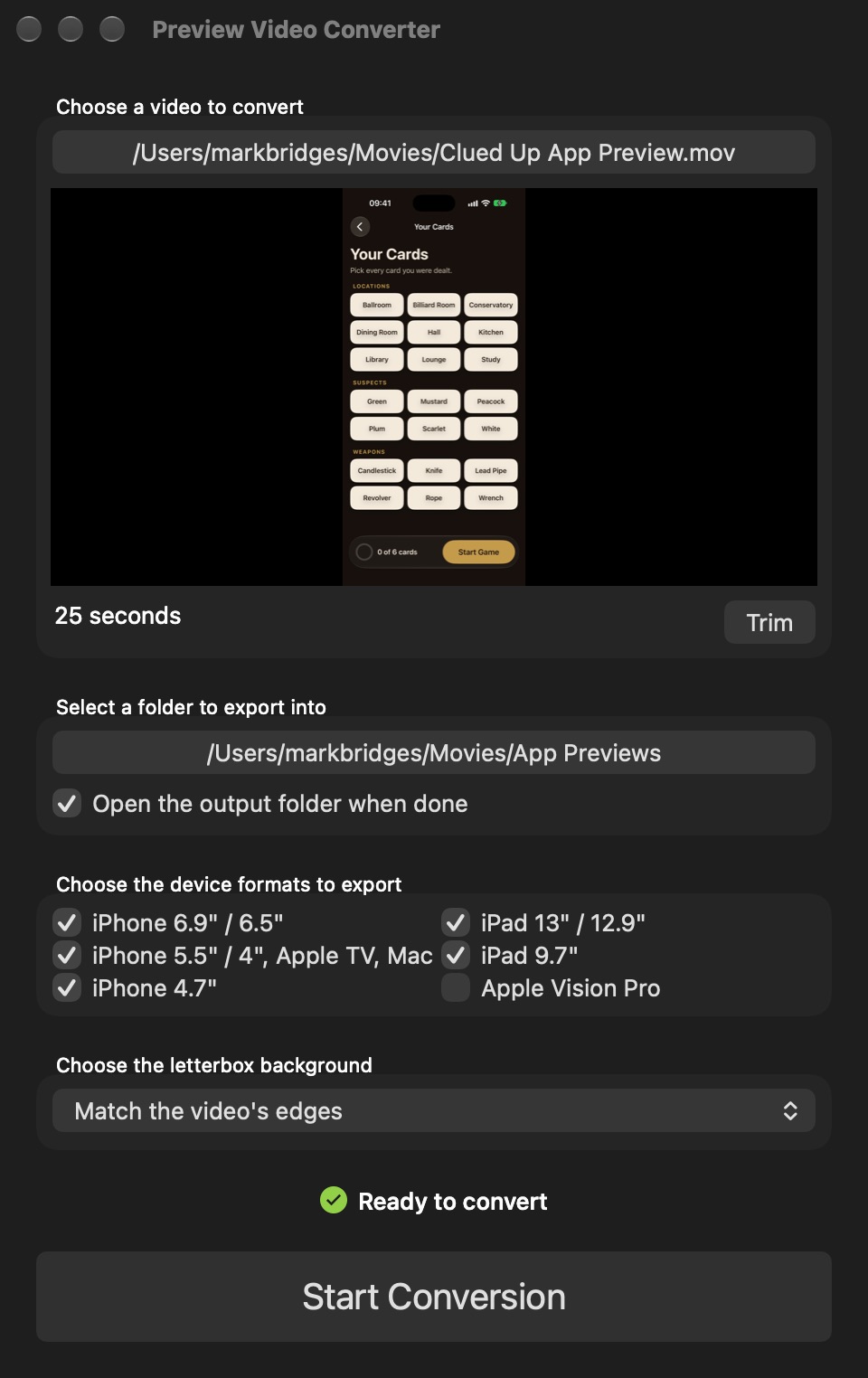 App Preview Video Converter with a 25-second Clued Up recording chosen, an output folder, five device formats ticked, the letterbox background set to match the video's edges, and Ready to convert