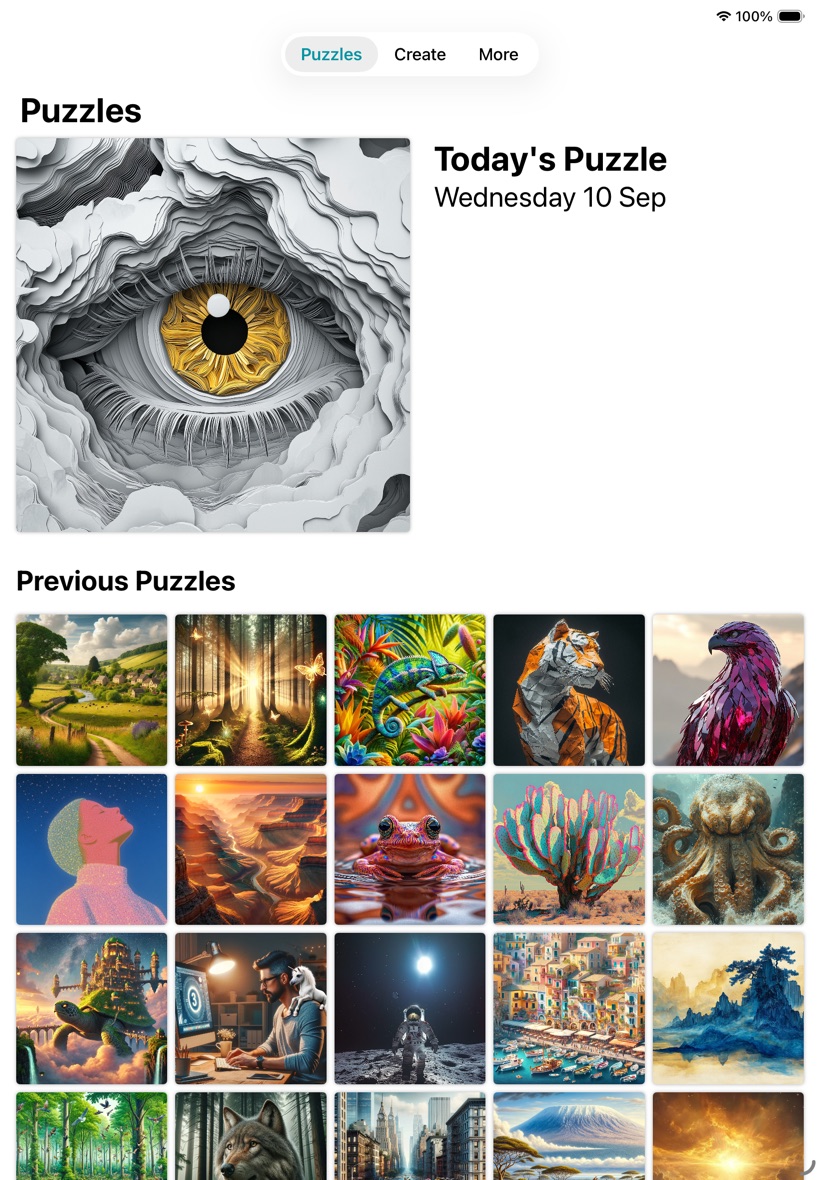 Puzzles Daily auf dem iPad: das heutige Puzzle und ein großes Raster früherer Puzzles