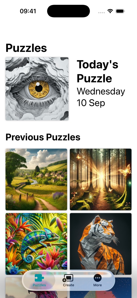 Der Tab „Puzzles“: oben das heutige Puzzle und darunter ein Raster früherer Puzzles