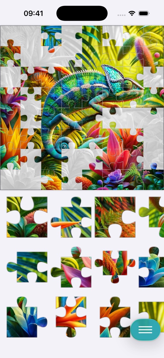 Ein Chamäleon-Puzzle in Arbeit: oben das Spielfeld, unten die übrigen Teile in einer Ablage