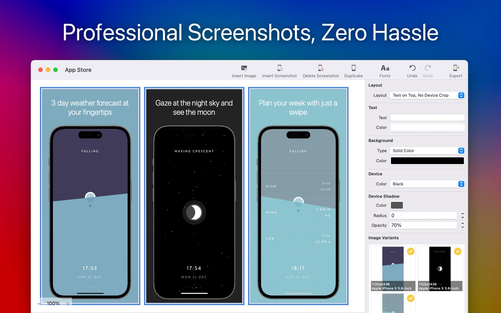 Three weather app screenshots in iPhones with captions, and the image variants for each device on the right