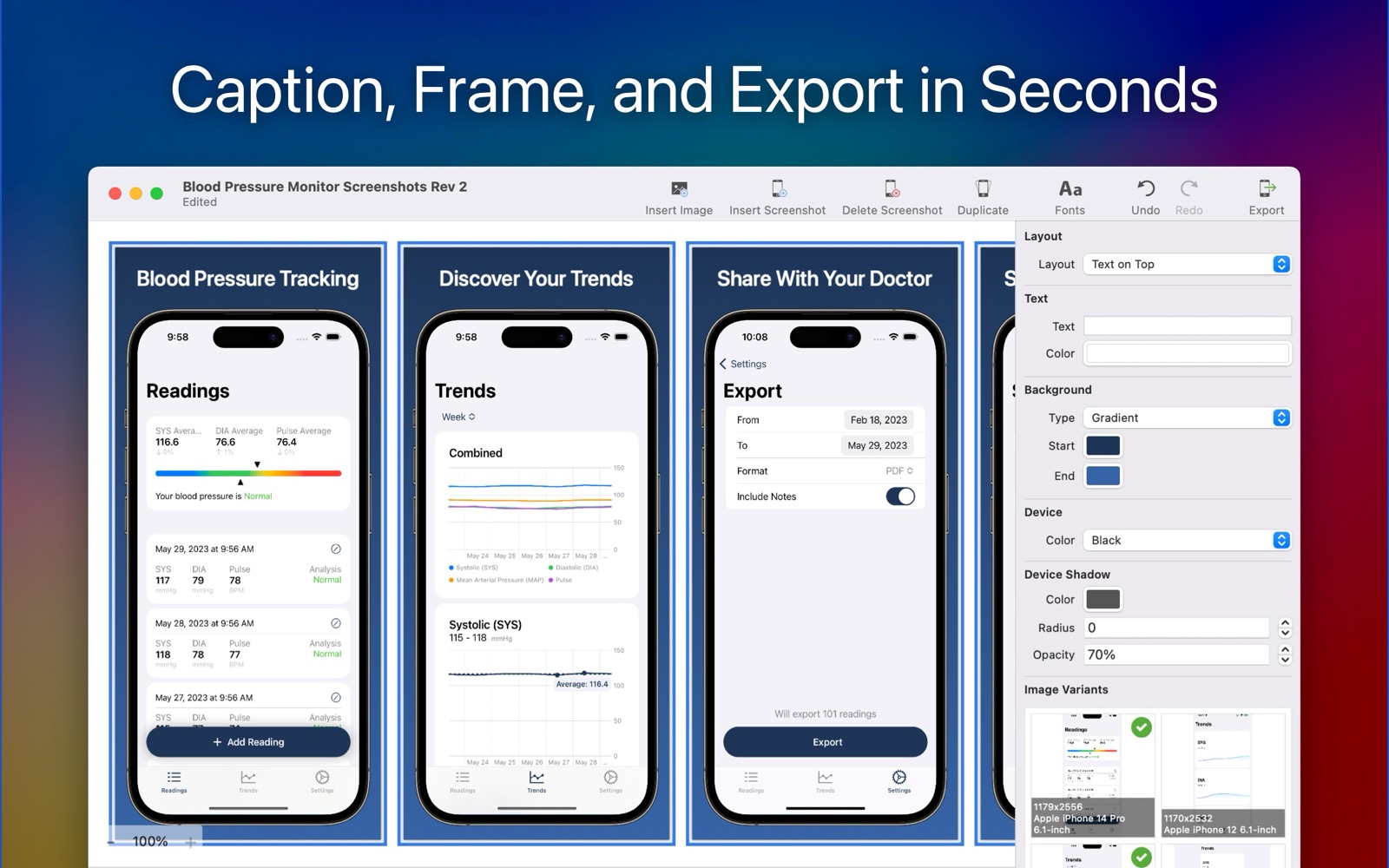 Screenshot Creator with a document of app screenshots, each framed in an iPhone with a caption above it, and the layout, background and device controls beside them