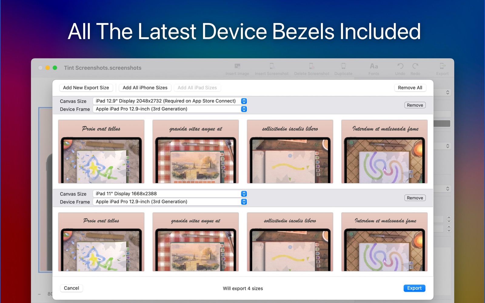 The export sheet, listing canvas sizes and device frames with a preview of every screenshot at each size
