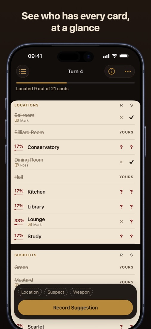 Clued Up's grid in an iPhone frame, with the caption See who has every card, at a glance
