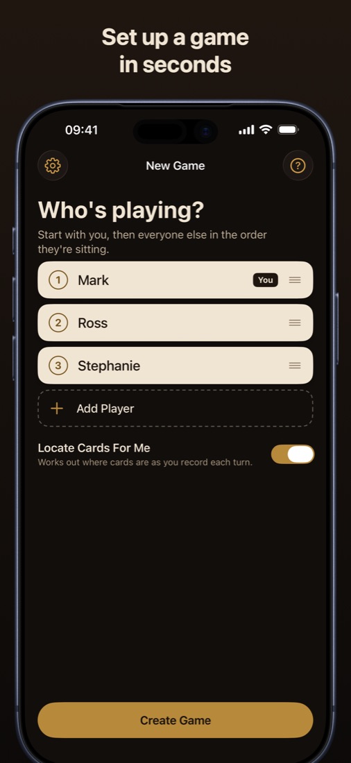 Clued Up's game setup, with the caption Set up a game in seconds
