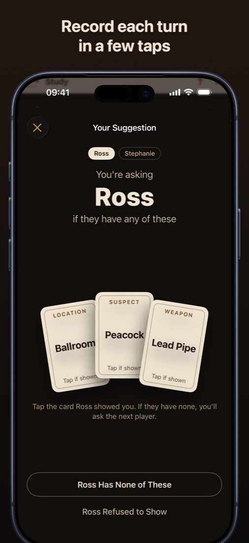 Clued Up recording a suggestion, with the caption Record each turn in a few taps