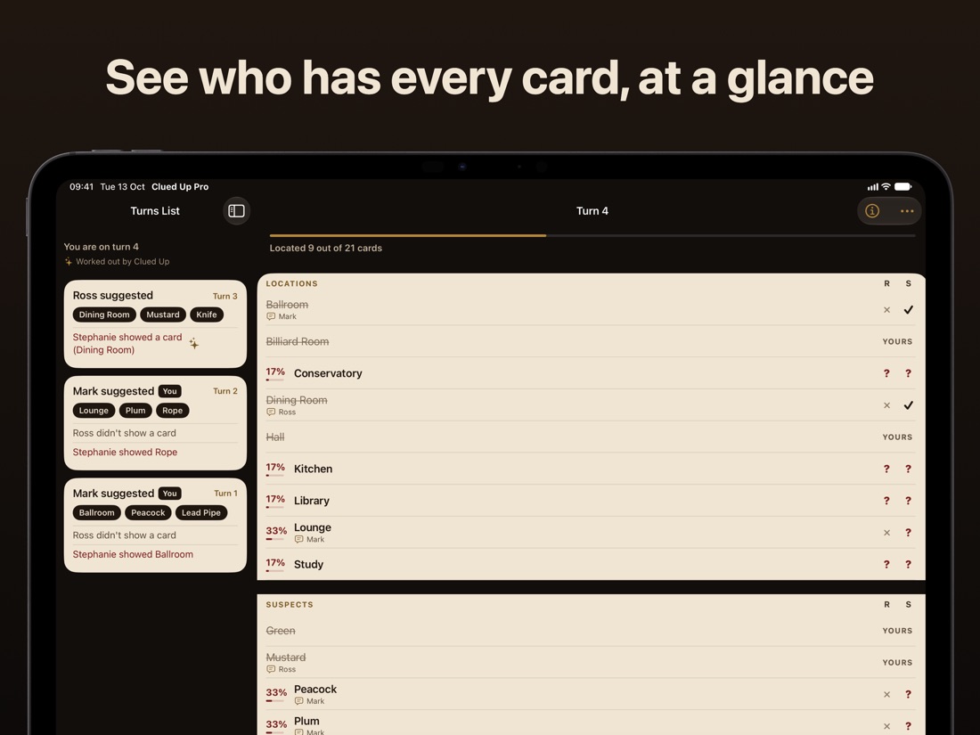 The iPad version: Clued Up's grid and turns list in a landscape iPad Pro frame, with the caption See who has every card, at a glance