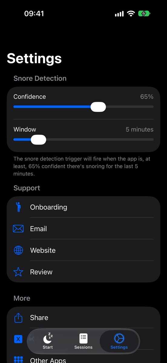Settings for snore detection: confidence and window sliders