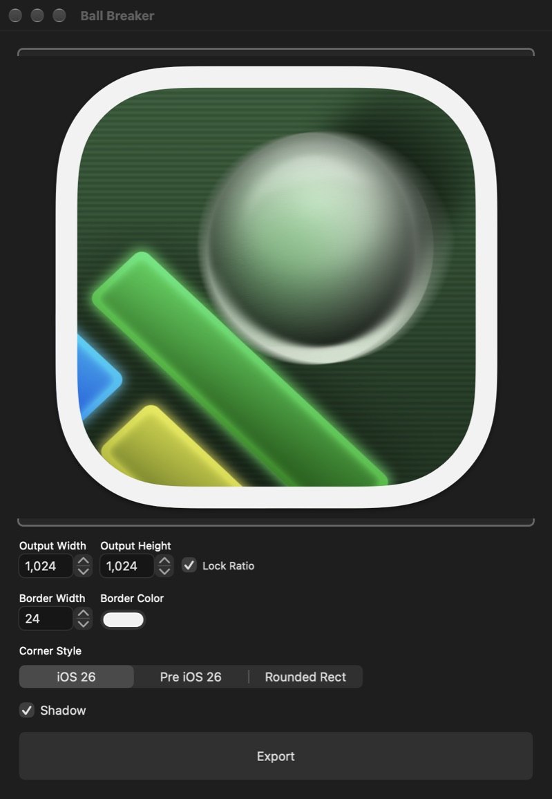 Squircle showing the Ball Breaker icon with iOS 26 corners, a white border and a shadow, and the settings for size, border, corner style and shadow below it
