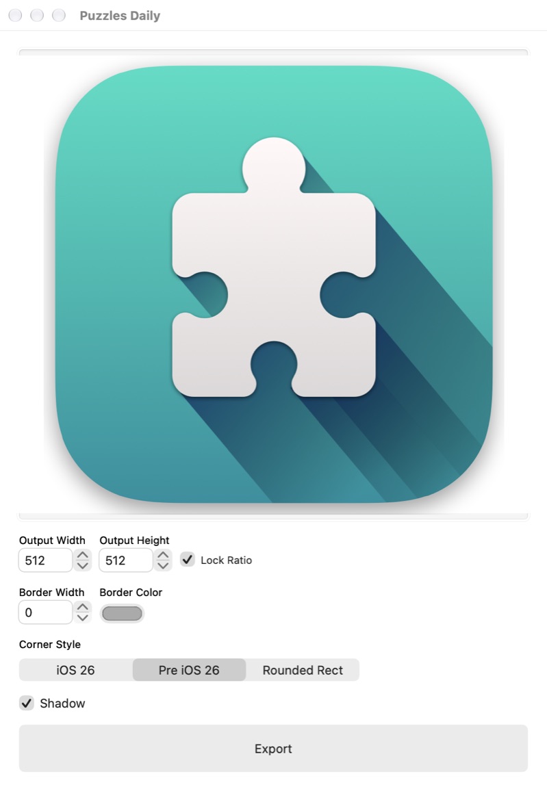 Squircle in light mode with the Puzzles Daily icon, Pre iOS 26 corners and a shadow, set to 512 by 512