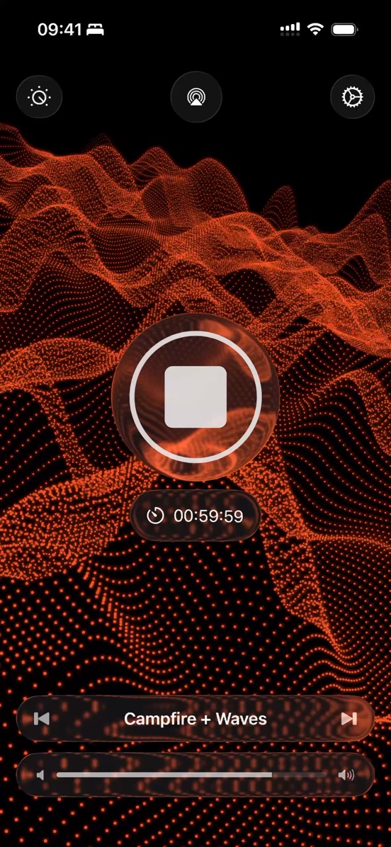Lagerfeuer und Wellen spielen, mit dem orangefarbenen Visualizer und einem Schlaftimer, der von einer Stunde herunterzählt