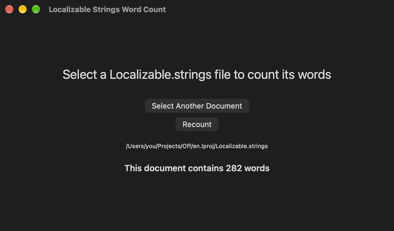 Localizable Strings Word Count showing a Localizable.strings file from the Off Mac helper app, which contains 282 words