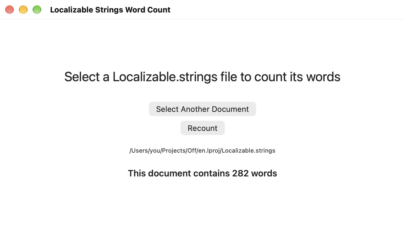 Localizable Strings Word Count in light mode, showing the same file and count