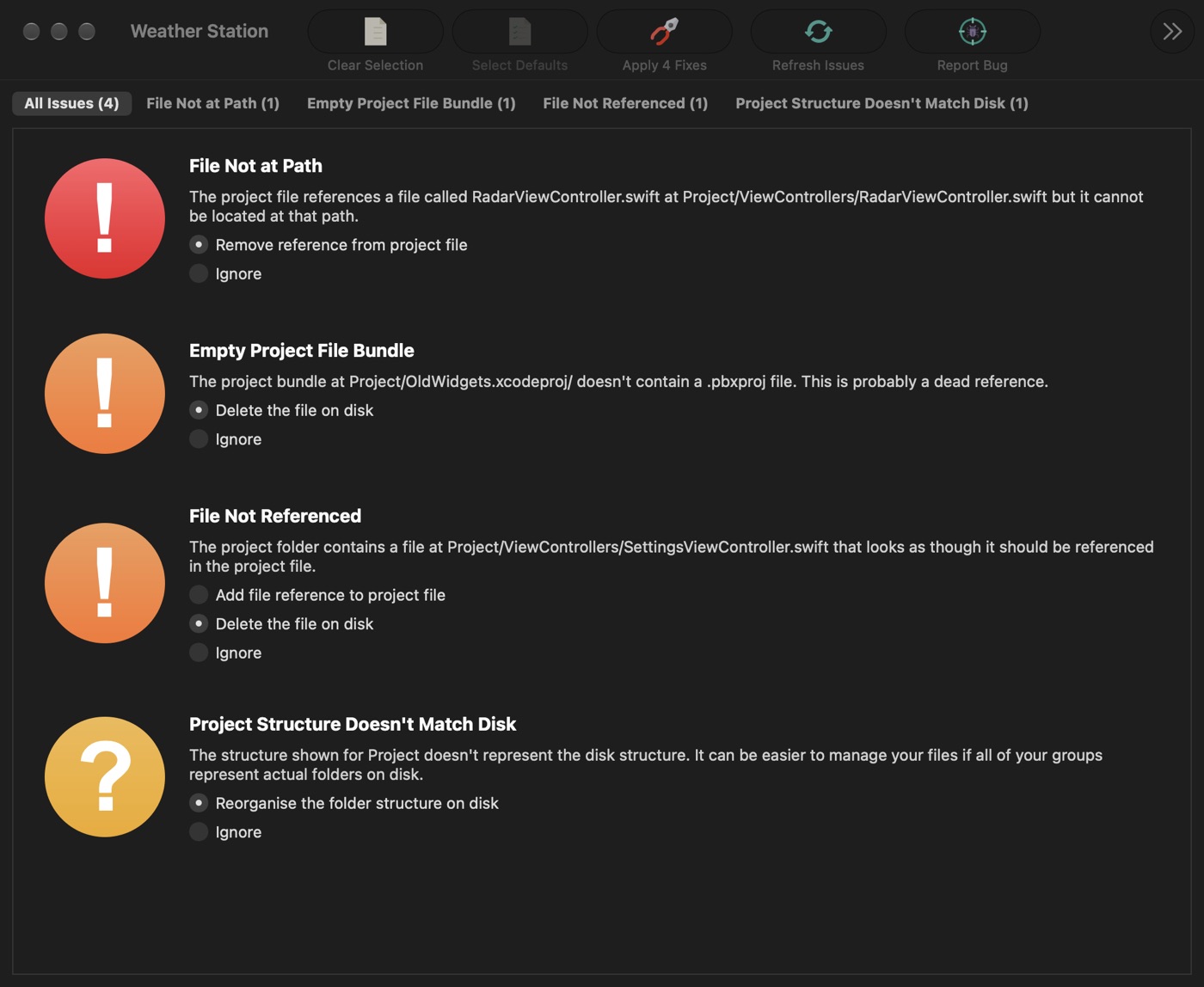 Xsaviour in dark mode with four issues in the Weather Station project, a fix chosen for each and the Apply 4 Fixes button ready