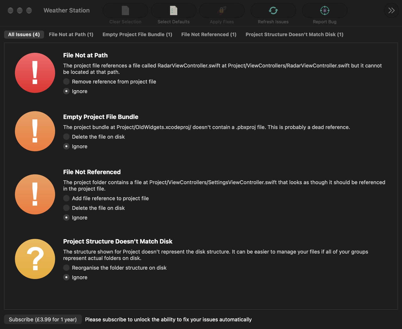 Xsaviour listing four issues, with a Subscribe button for £3.99 for 1 year and the message Please subscribe to unlock the ability to fix your issues automatically