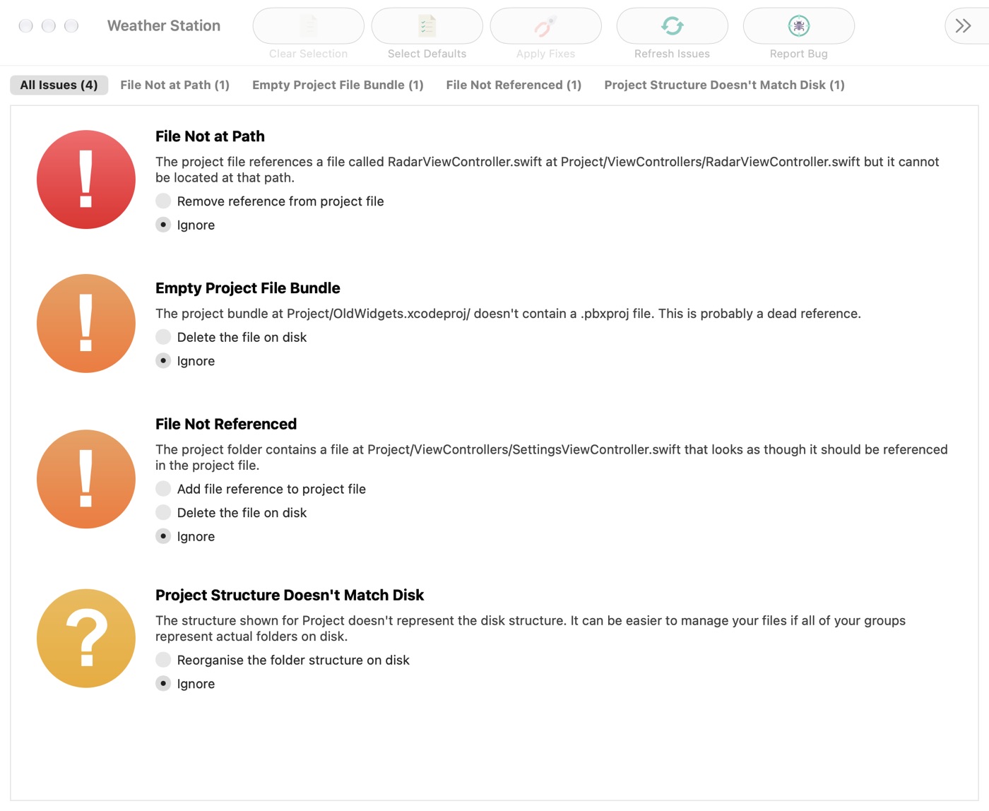 Xsaviour in light mode with the same four issues, each set to Ignore