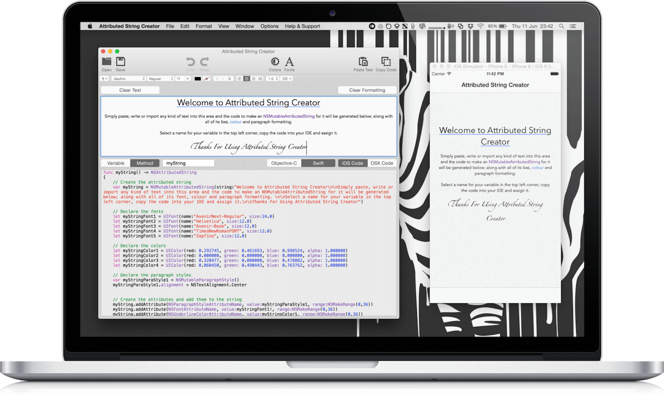 Attributed String Creator macOS app running on a MacBook Pro with the iPhone simulator displaying the output