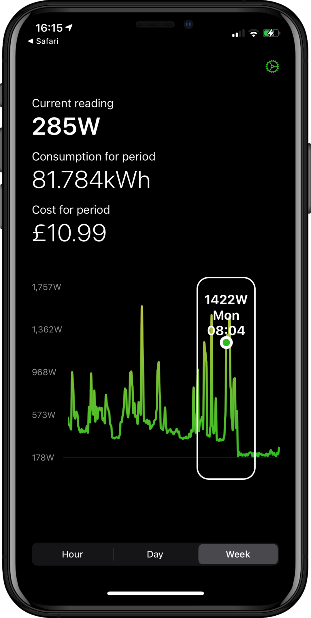 Energy Monitor iOS app running on an iPhone