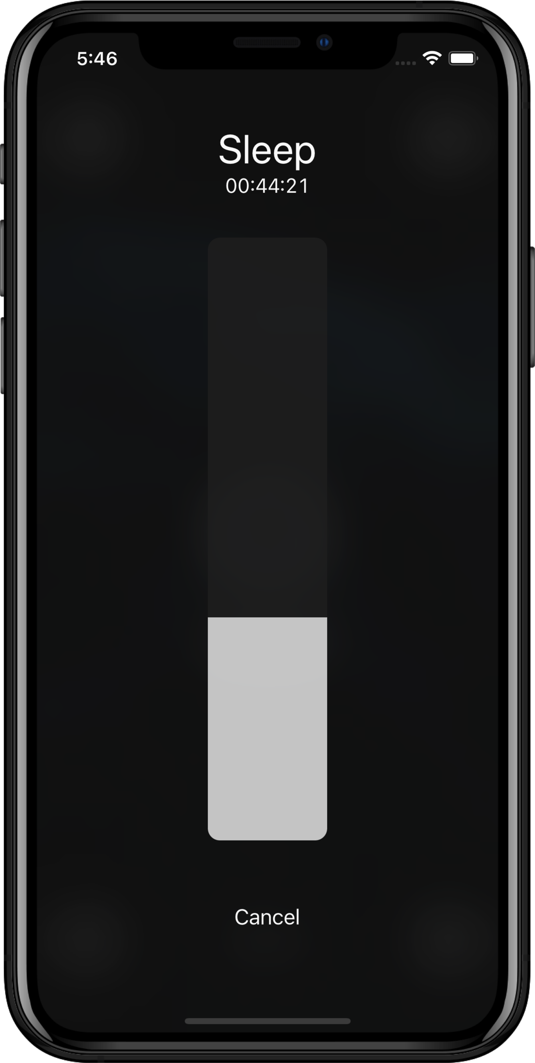 White Noise, running on iPhone X, displaying the sleep timer.