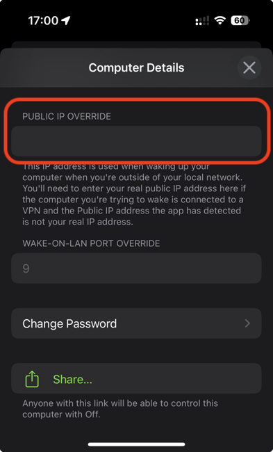 Off App. Computer Details Screen. Public IP Address Override