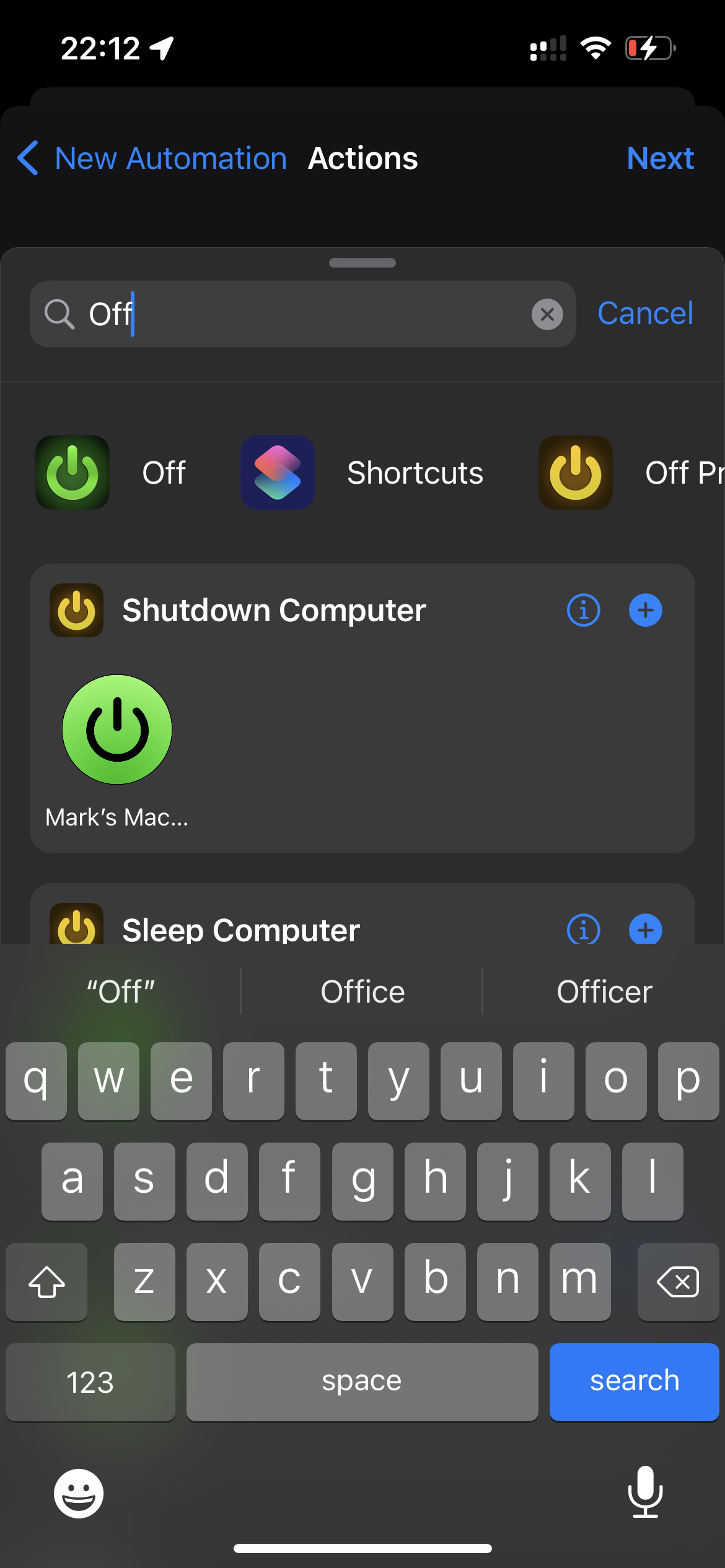 Configuring an Off shortcut, step 8