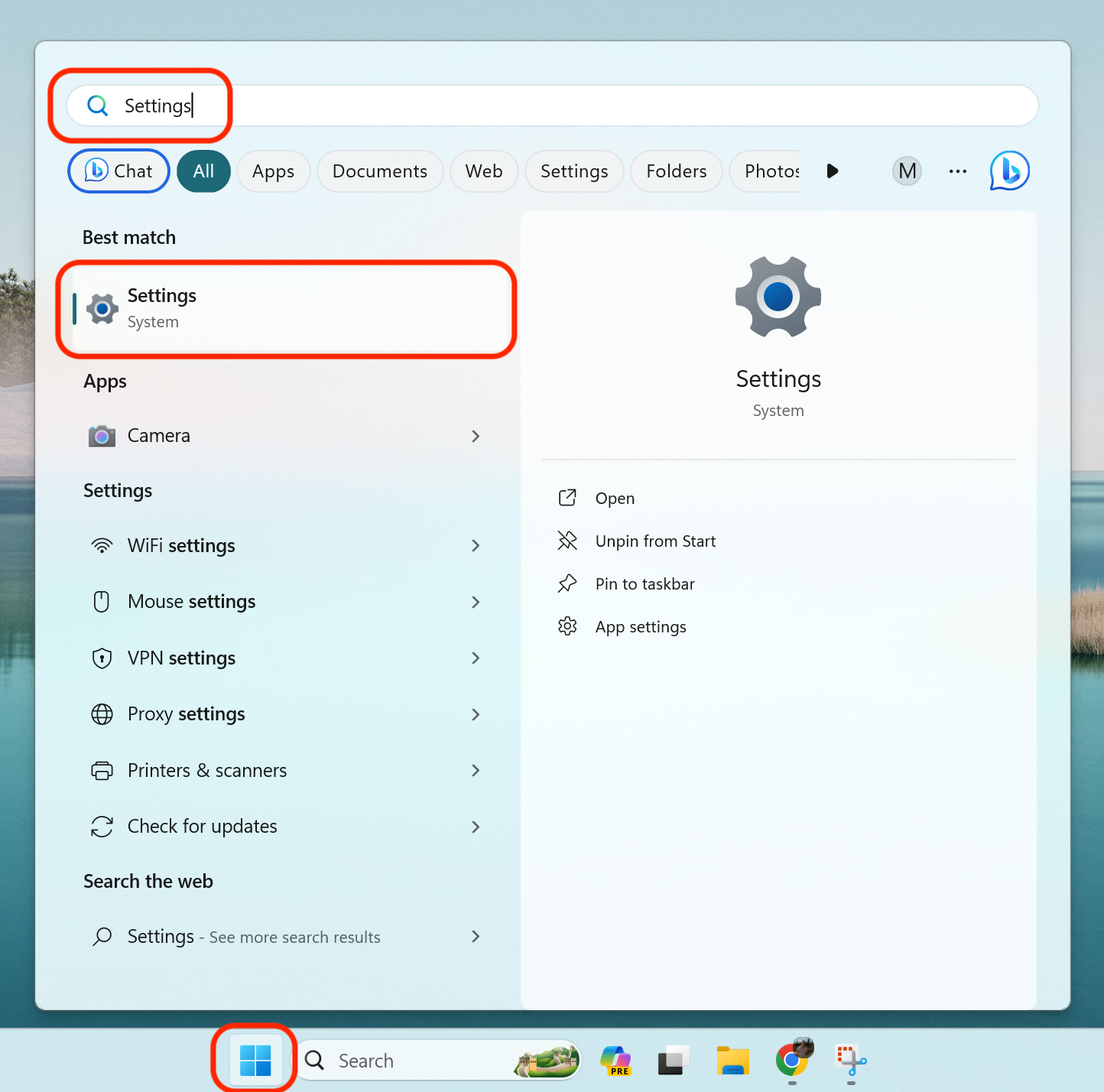 Opening Settings in Windows 11