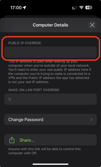 Off App. Computer Details Screen. Public IP Override